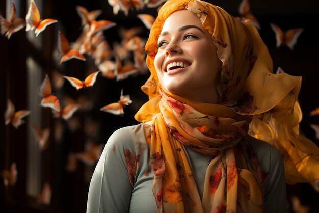 Sotto la dolce luce del sole una donna che indossa un hijab emana un'aura allegra e felice