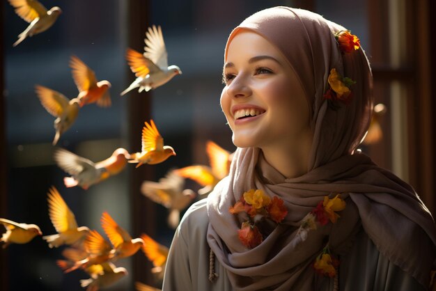 Sotto la dolce luce del sole una donna che indossa un hijab emana un'aura allegra e felice