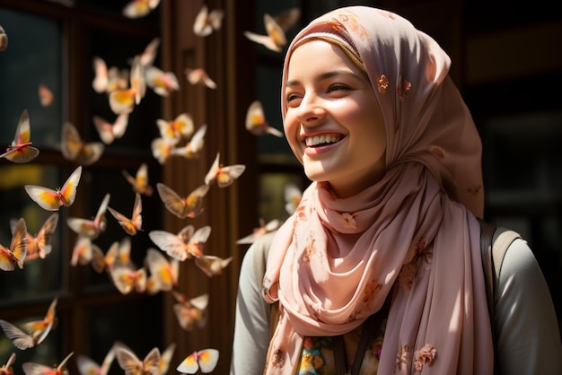 Sotto la dolce luce del sole una donna che indossa un hijab emana un'aura allegra e felice