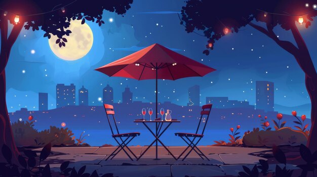 Sotto la luce della luna un picnic romantico o un caffè di strada su una panchina del parco della città al crepuscolo Cartoon sera crepuscolo paesaggio cittadino con un tavolo due sedie e vino in bicchieri