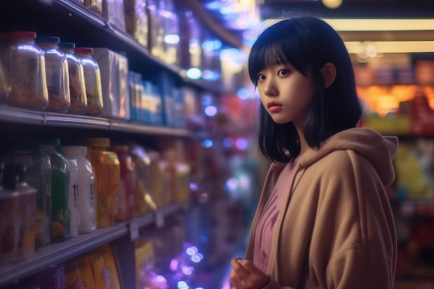 Sotto la luce fioca dei grandi magazzini del supermercato Una giovane ragazza asiatica si trova di fronte a uno scaffale
