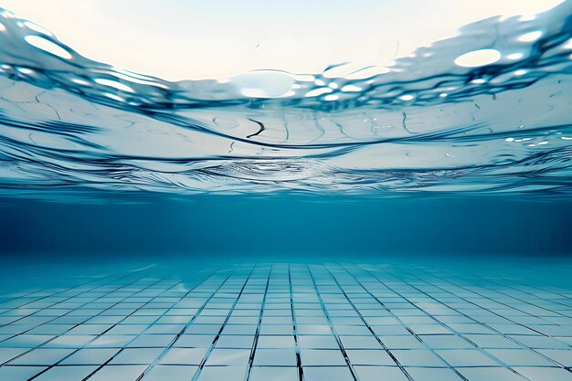 Sotto la piscina a livello degli occhi con acqua trasparente e mosaico di piastrelle bianche