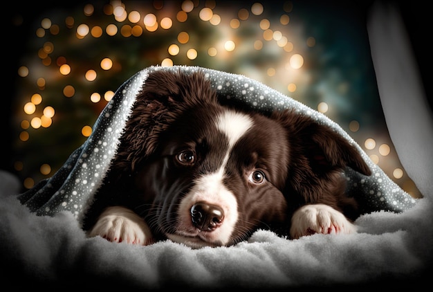 Sotto le luci di un albero di Natale un'accogliente coperta ricopre un cucciolo di border collie