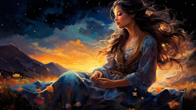 Sotto un cielo stellato una donna si appoggia su una coperta di fiori selvatici la sua aura si fonde senza soluzione di continuità con