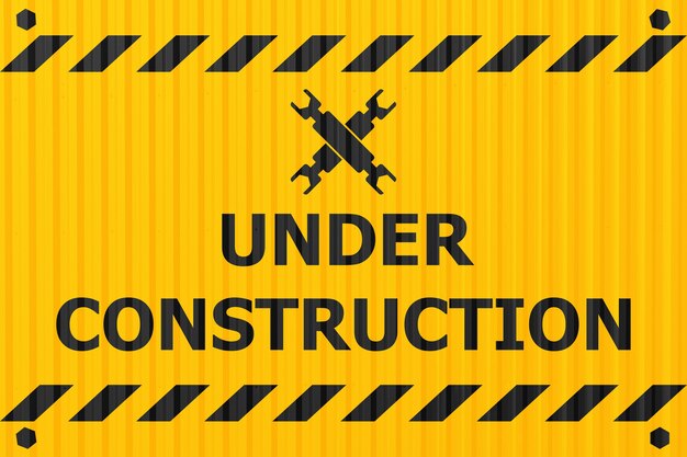 sottocostruzione banner logo etichetta per cantiere o sito web verso il basso notificare avviso industria design in stile piastra d'acciaio.