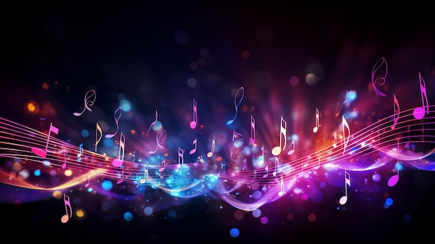 Sottofondo astratto di note musicali con note luminose