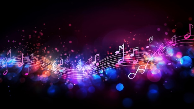 Sottofondo astratto di note musicali con note luminose