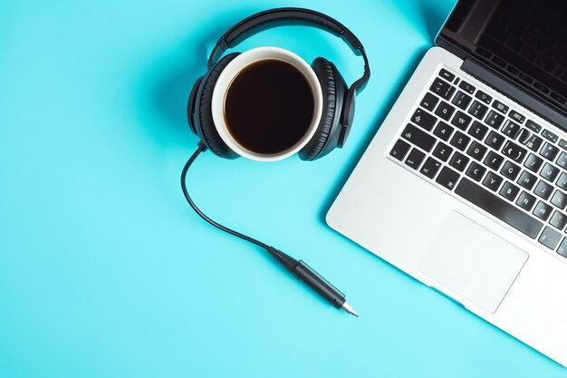 Sottofondo musicale o podcast con dispositivi elettronici, cuffie, caffè e laptop sulla scrivania dell'ufficio