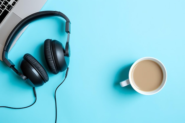 Sottofondo musicale o podcast con dispositivi elettronici, cuffie, caffè e laptop sulla scrivania dell'ufficio