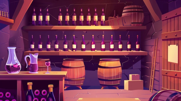 Sottoterra di cartoni animati dettagliati con bottiglie di vetro in scaffali barili di legno sugli scaffali scatole di bottiglie brocche di capelli e bicchieri con bevande alcoliche