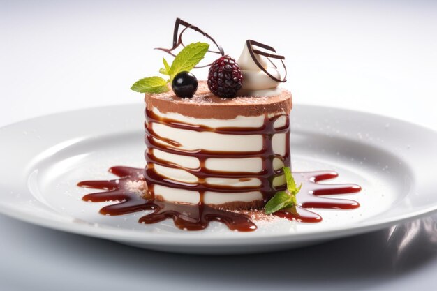 Souffle bianco decorato con caramello fuso con lamponi delizia di lusso della più alta cucina del ristorante