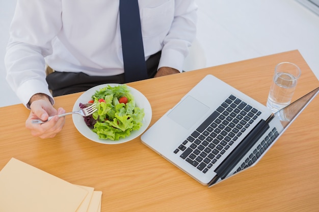 Sovraccarico di un uomo d&#39;affari che mangia un&#39;insalata sulla sua scrivania