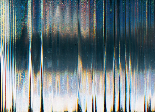 Sovrapposizione glitch Distorsione analogica Schermo del laptop danneggiato Iridescente blu arancione bianco rumore di vibrazione Sfondo astratto sporco con graffi di polvere