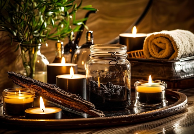 Spa ancora in vita con candele aromatiche e fiori su uno sfondo di legno