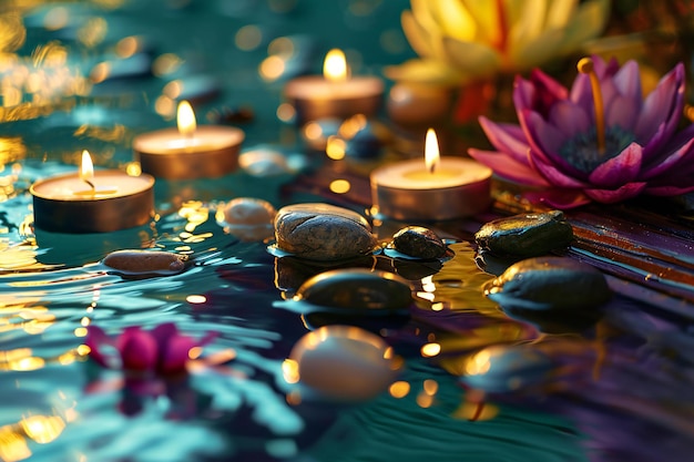 Spa natura morta con fiori di loto candele e pietre in acqua