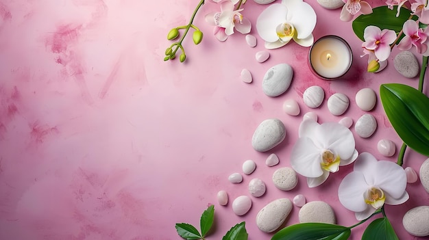 Spa o spazi di benessere come pietre marine candele e fiori rosa su uno sfondo rosa AI generativa