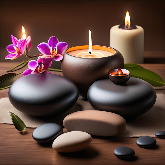 Spa still life con candele e orchidee Massaggio con pietre calde illuminato da candele