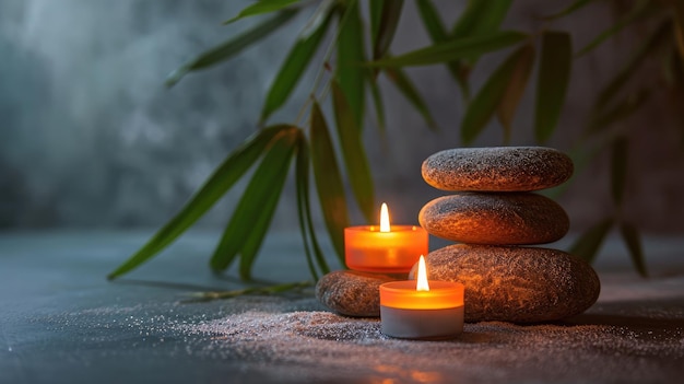 Spa still life con una pila di candele stoneburning e foglie di bambù