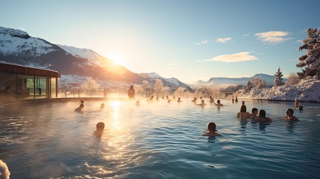 spa termale nella zona invernale delle montagne foto di alta qualità