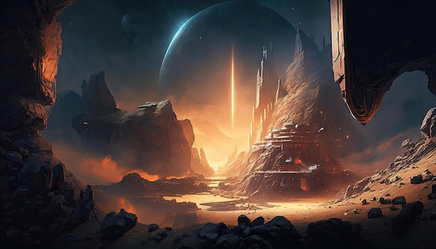 Space Ancient Alien War City in una calda valle cometa che cade Generative AI