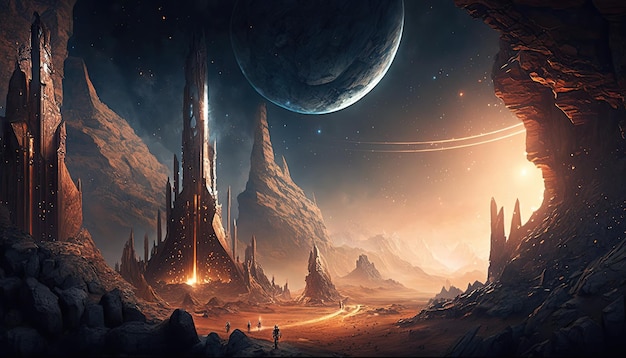 Space Ancient Alien War City in una calda valle cometa che cade Generative AI