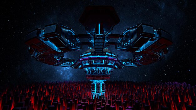 Space City base colonia extraterrestre Fantasy City base astronave leggendaria astronave su un pianeta nello spazio Le luci al neon illuminano la città del futuro fantascienza rendering 3d