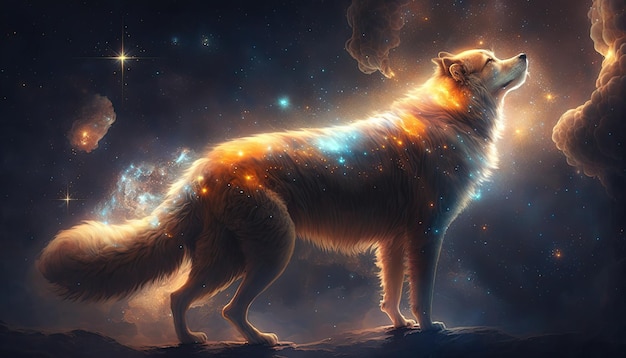 Space Dog nello spazio Creatura divina soggezione cosmica che ispira un'illustrazione digitale sognante Ia generativa