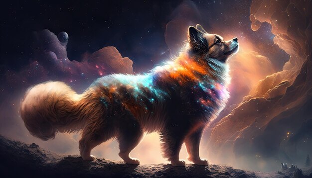 Space Dog nello spazio Creatura divina soggezione cosmica che ispira un'illustrazione digitale sognante Ia generativa