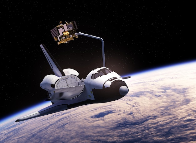 Space Shuttle che distribuisce il satellite di comunicazione