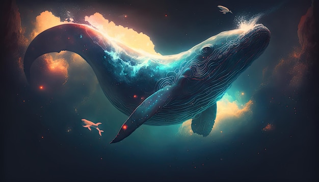 Space Whale nello spazio Creatura divina soggezione cosmica che ispira un'illustrazione digitale sognante Ia generativa