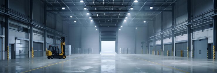 Spacious industrial warehouse with modern lighting and robotic equipment Showcasing advanced industrial design and logistics