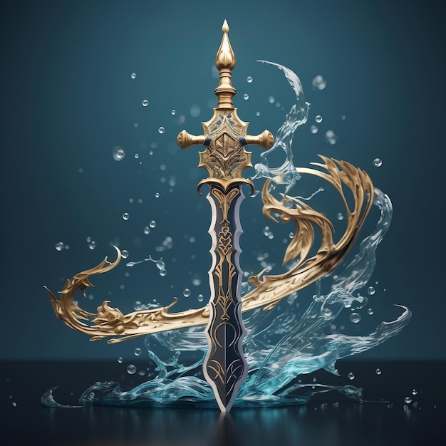 Spada d'arte 3d in stile di gioco e spada pirata di design del gioco effetto Splash generata dall'IA magica