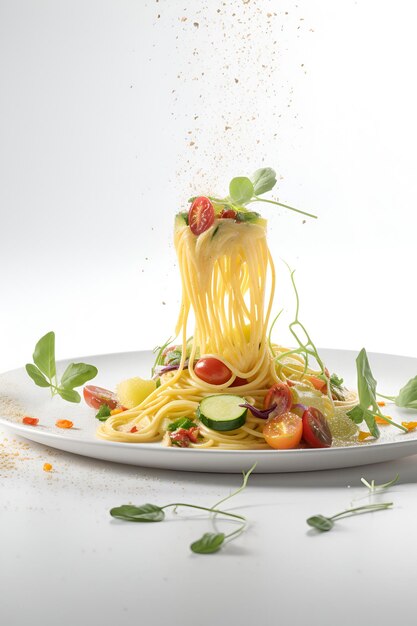 Spaghetti al pomodoro su piatto bianco Cibo italiano Copia spazio