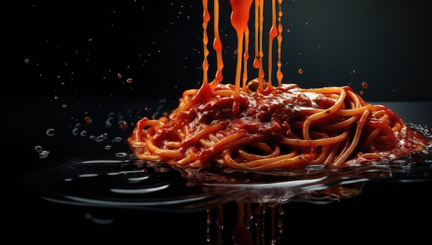 Spaghetti al sugo da scolare su fondo nero