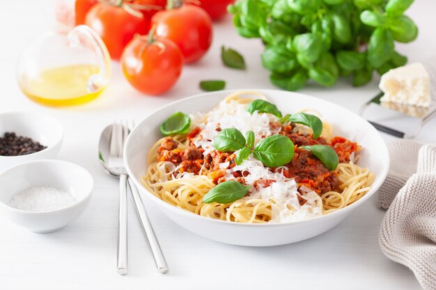 Spaghetti alla bolognese con basilico e parmigiano, pasta italiana