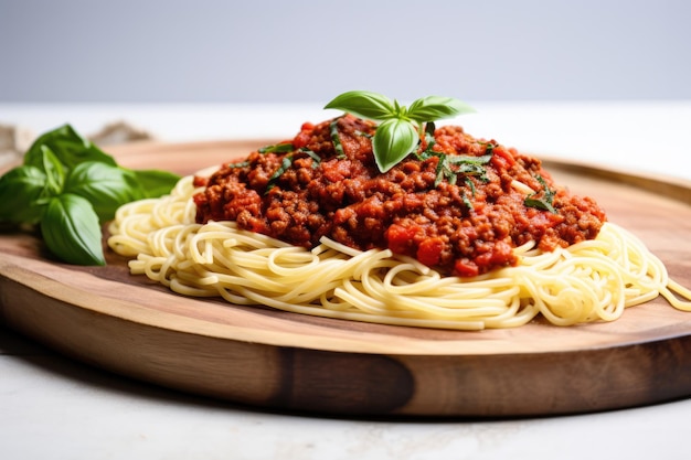 Spaghetti Alla Bolognese Vegan Su Uno Sfondo Bianco Boardon Di Legno