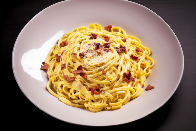 Spaghetti alla carbonara su piatto rosa lucido su sfondo nero