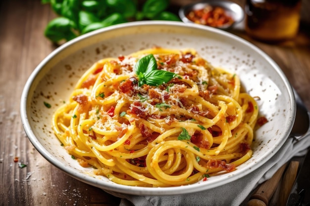 Spaghetti alla carbonara sul tavolo della cucina fotografia professionale di cibo pubblicitario