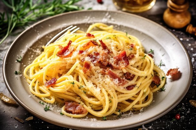 Spaghetti alla carbonara sul tavolo della cucina fotografia professionale di cibo pubblicitario