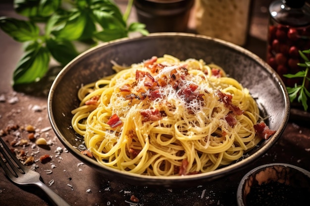 Spaghetti alla carbonara sul tavolo della cucina fotografia professionale di cibo pubblicitario