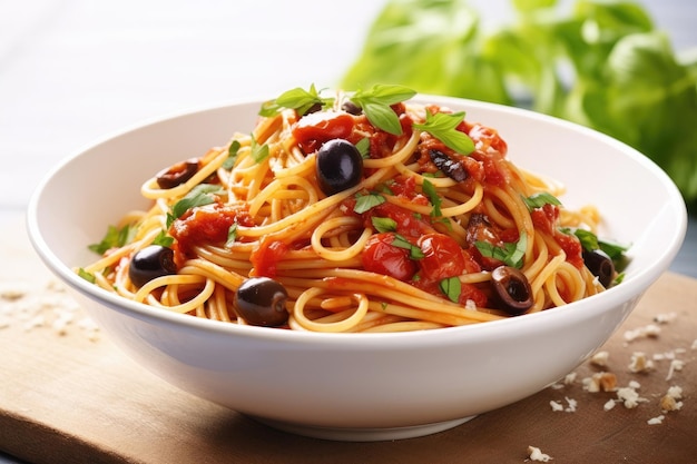 Spaghetti alla puttanesca con pomodori olive capperi e prezzemolo su tavola di legno Cibo italiano