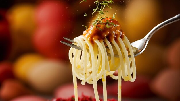 Spaghetti arrotolati su una forchetta in primo piano