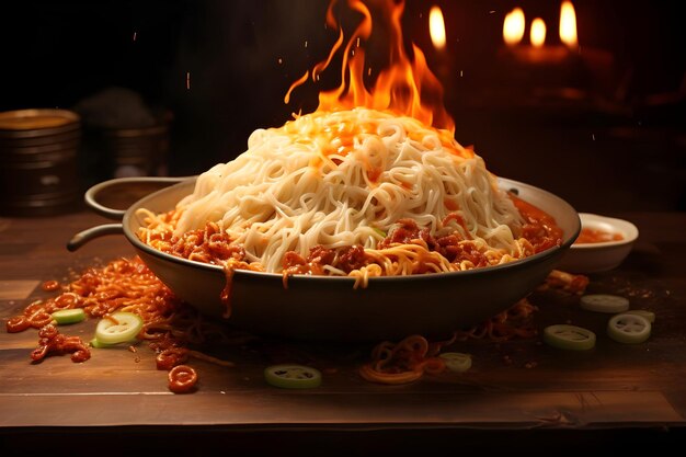 Spaghetti Bolognese in una ciotola su un tavolo di legno Ai Generato