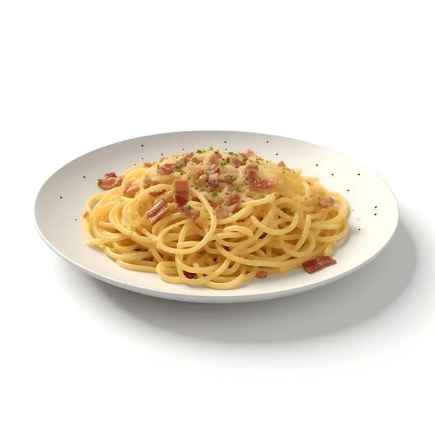 Spaghetti Carbonara con pancetta e formaggio su sfondo bianco illustrazione 3D