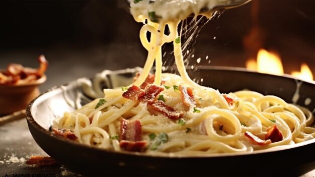 spaghetti carbonara con prosciutto e formaggio