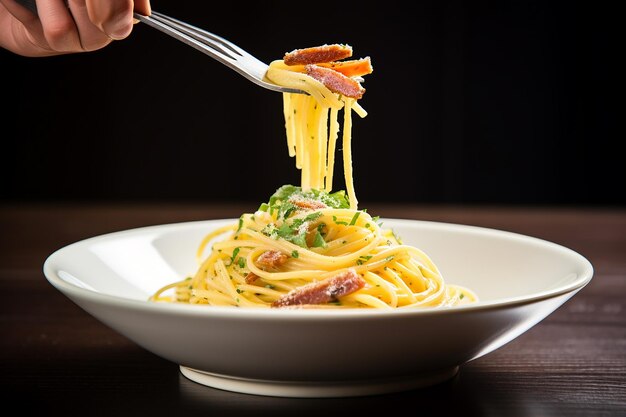 Spaghetti Carbonara girati su una forchetta