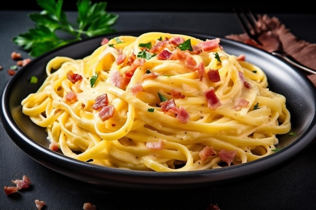 Spaghetti cibo carbonara bacon italiano formaggio carne farina pasta salsa AI generativa