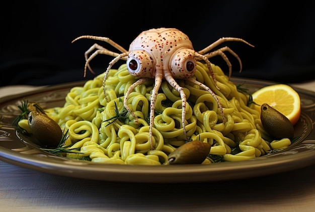 spaghetti con facce di calamari su un piatto giallo e olive nello stile del cibo verde chiaro di Halloween