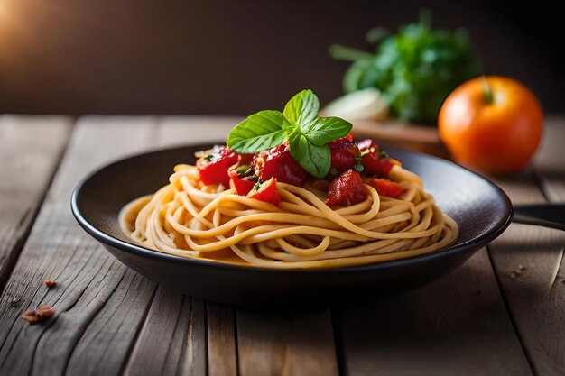 spaghetti con fragole e foglie di menta su un piatto