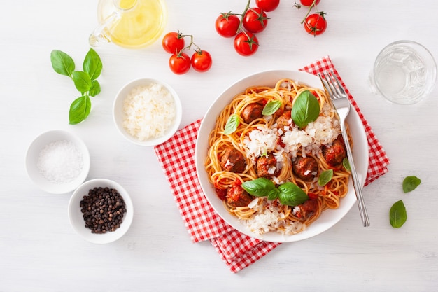 Spaghetti con polpette e salsa di pomodoro, pasta italiana